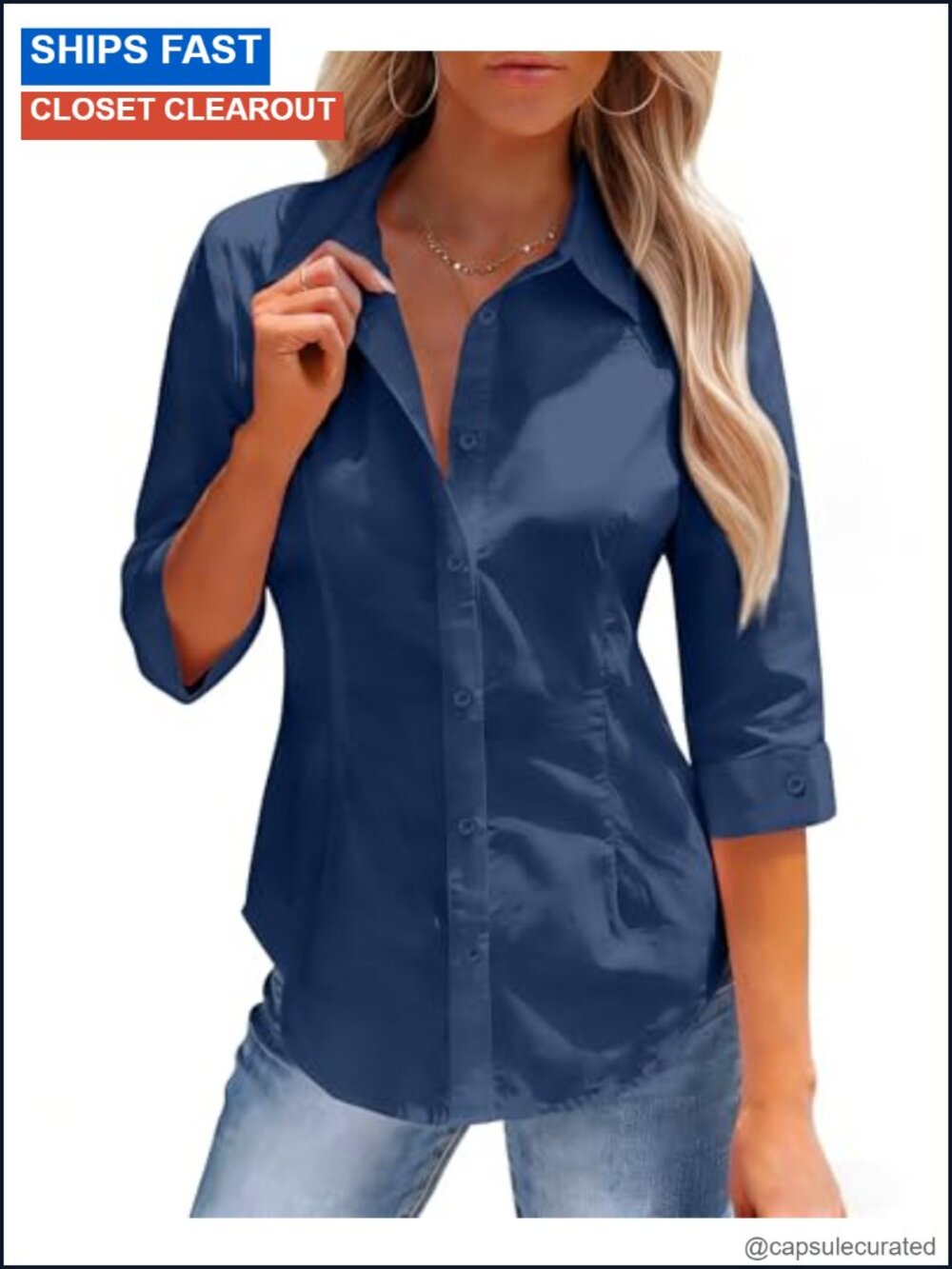 3/4 Sleeve Button Down Shirt Women Stain Shield Blouse